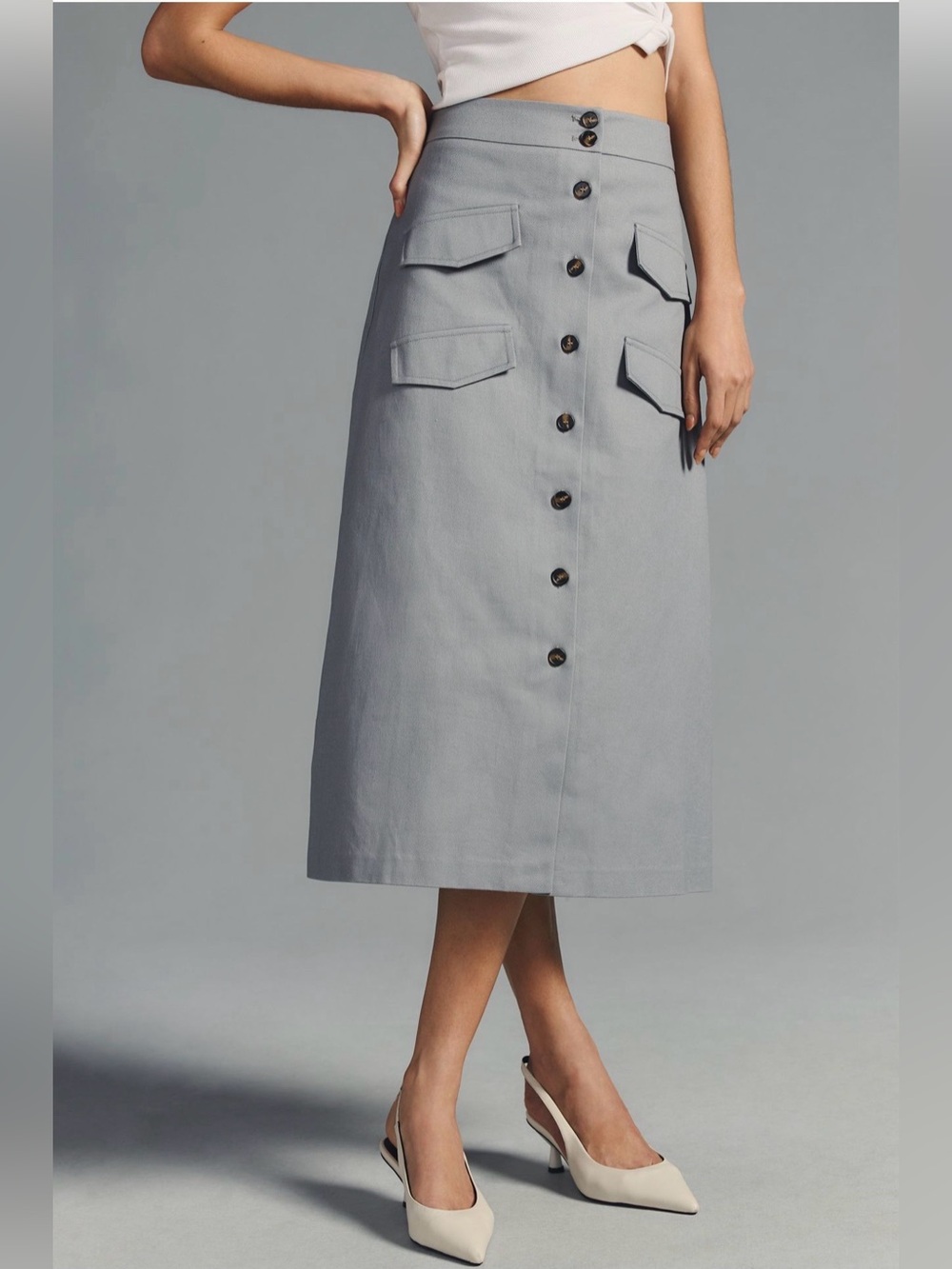 Mare Mare x Anthropologie Gray Button Front Utility Midi Skirt Size M